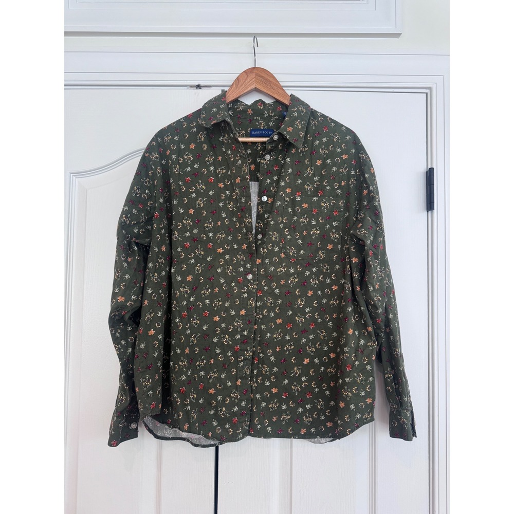 Karen Scott XL Olive Green Fall Floral Leaf Button Down Cotton Shirt Floweres